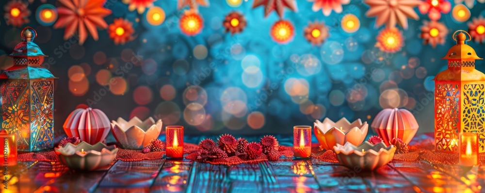 Naklejka premium Festive Diwali celebration with colorful lanterns, intricate mandalas, and glowing lights creating a vibrant atmosphere