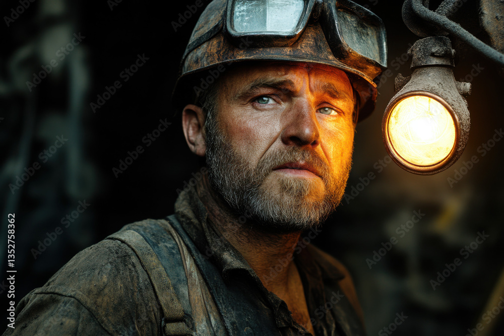 Coal miner working in a dark mine with a helmet light Coal miner working in a dark mine with a helmet light