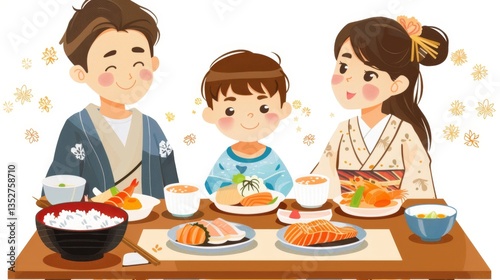 Traditional Japanese family breakfast featuring miso soup, rice, and grilled fish enjoyed in a serene morning setting