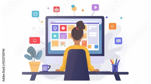 Woman Working on Computer, E-commerce and Digital Marketing Concept