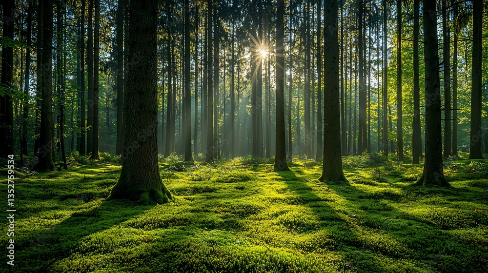 Fototapeta premium Sunbeams illuminate a lush, mossy forest floor, sunlight filtering through tall trees.