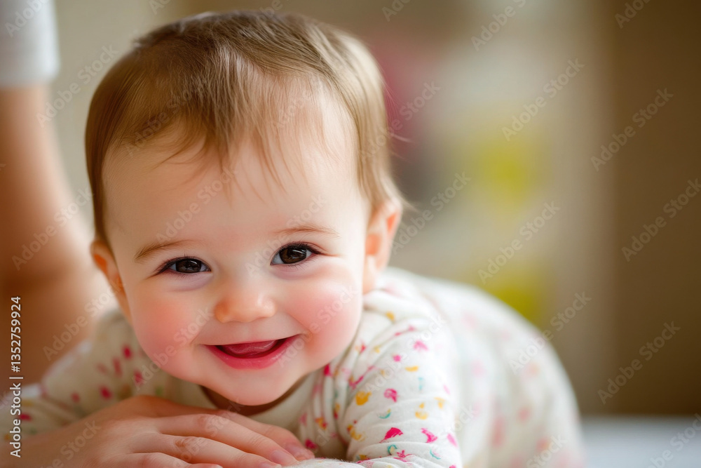Adorable baby girl smiling and lying on her tummy Adorable baby girl smiling and lying on her tummy