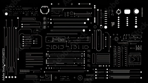 Abstract digital circuitry design featuring lines and shapes on a black background displaying technological themes