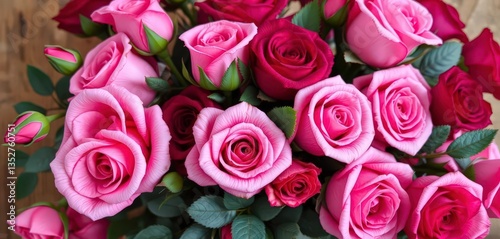 Luxurious pink & burgundy roses in a rustic bouquet, summer, image