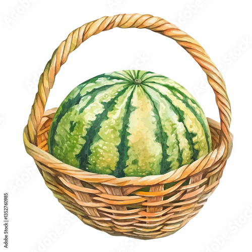 A watercolor vector painting of a casaba melon basket, isolated on a white background. Casaba melon basket vector.

