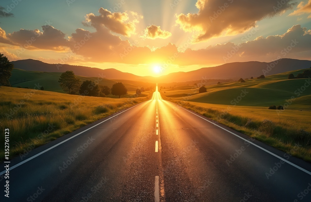 Naklejka premium Asphalt road leads toward horizon during sunset. Sun rays illuminate straight highway path across green hills, fields. Inspiring travel, journey, adventure concept. Beautiful, scenic countryside