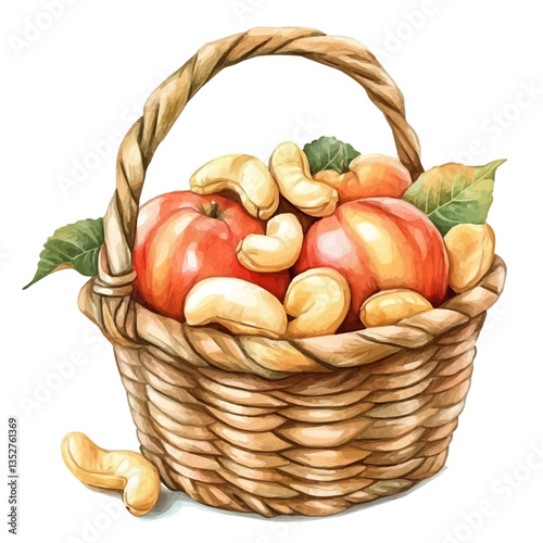A watercolor vector painting of a cashew apple basket, isolated on a white background. Cashew apple basket vector.

