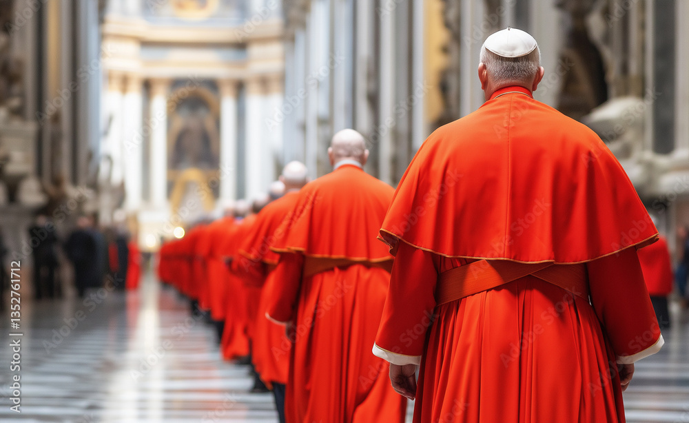 Naklejka premium A group of cardinals in red robes walking through a grand cathedral, with the intricate architecture of the church in the background.