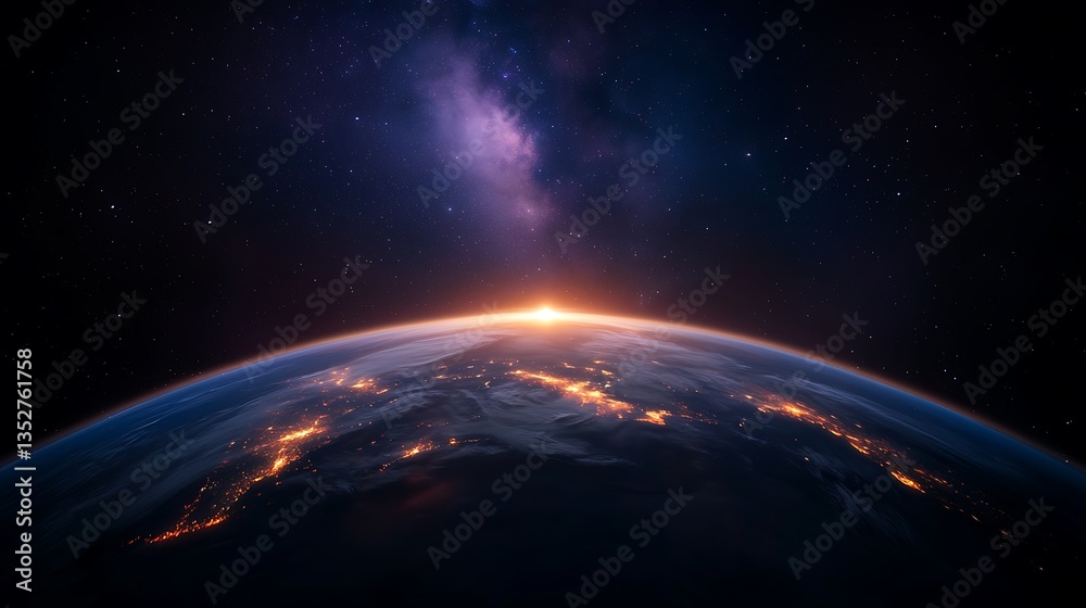 Stunning Night View of Earth from Space Showing City Lights and Sunrise Stunning Night View of Earth from Space Showing City Lights and Sunrise