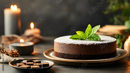 Mysterious setting with candles, chocolate homemade cake and chocolate pieces on plate on wooden table