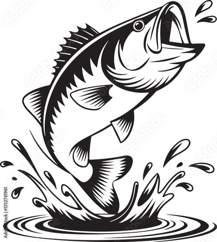 Jumping Bass Fish silhouette Black and White Illustration, Fishing Logo, Sport Fishing Clipart, vector