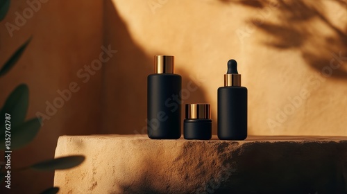 Elegant black cosmetic bottles arranged on a stone surface with warm golden lighting and shadows