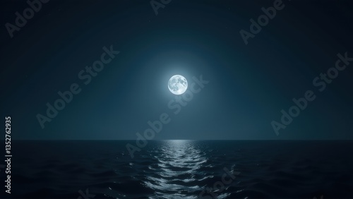 A serene ocean under a full moon, reflecting gentle moonlight with stars scattered across the night sky. Ideal for backgrounds and meditative visuals.