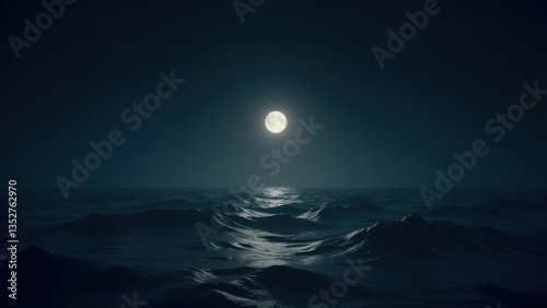 A calm, dark ocean beneath a star-filled night sky and a glowing full moon. Gentle waves add rhythm to this peaceful nocturnal seascape.