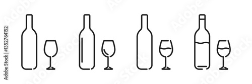Wine bottle with wine glasses.
Alcohol. Bottle and glasses icon set. Vector illustration.