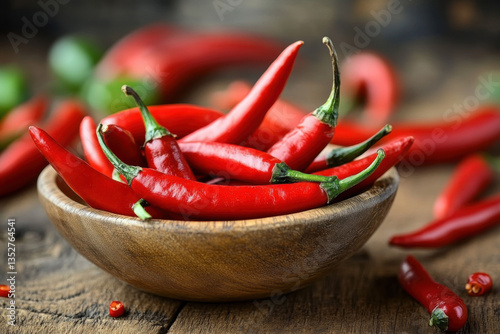Fresh red chili peppers resting in wooden bowl on rustic table