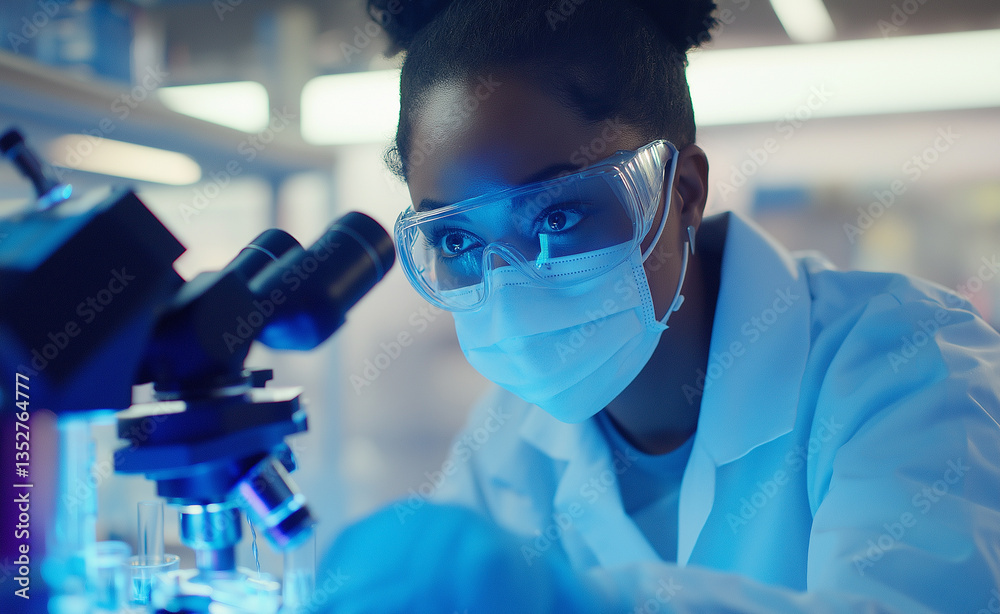 A close-up of a female scientist wearing protective glasses and gloves, focused on conducting an experiment in a laboratory with bright, glowing light. A close-up of a female scientist wearing protective glasses and gloves, focused on conducting an experiment in a laboratory with bright, glowing light.