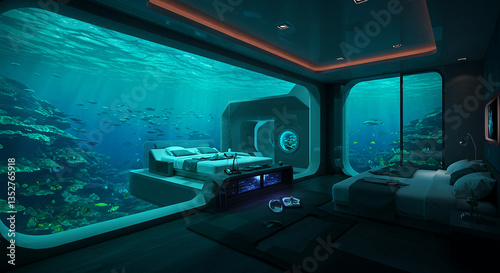 Futuristic Underwater Restaurant with Panoramic Ocean Views and Elegant Blue Ambiance