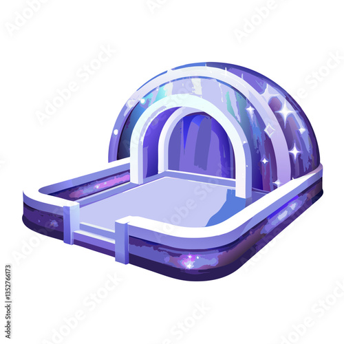 an illustrated stage with a galactic theme, featuring a bright and futuristic design