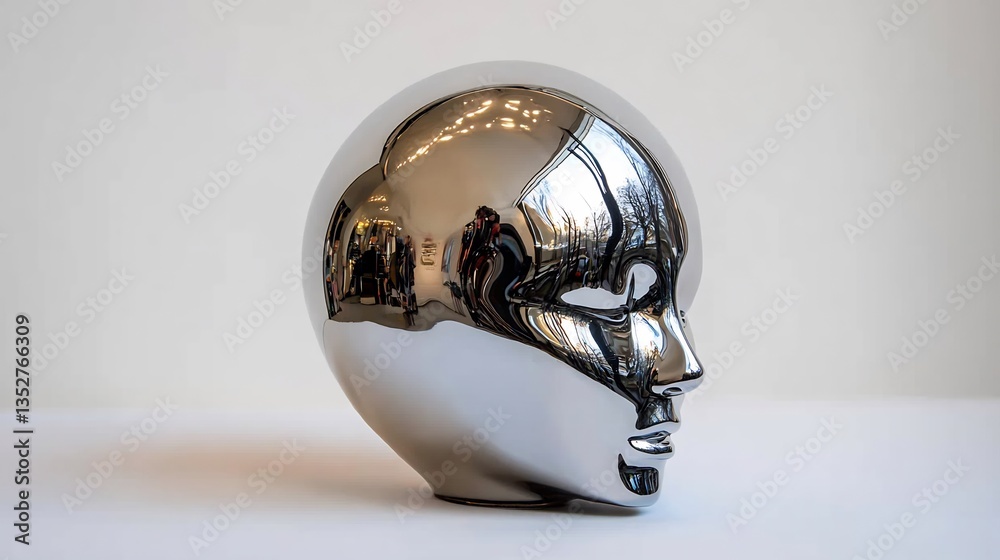 Sculptural Expression: Silver Head Reflecting Urban Environment on White Surface Sculptural Expression: Silver Head Reflecting Urban Environment on White Surface