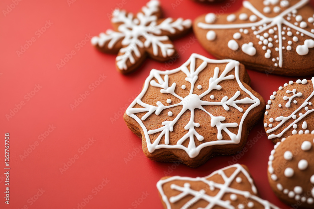 Christmas gingerbread cookies decorated with icing lying on red background Christmas gingerbread cookies decorated with icing lying on red background