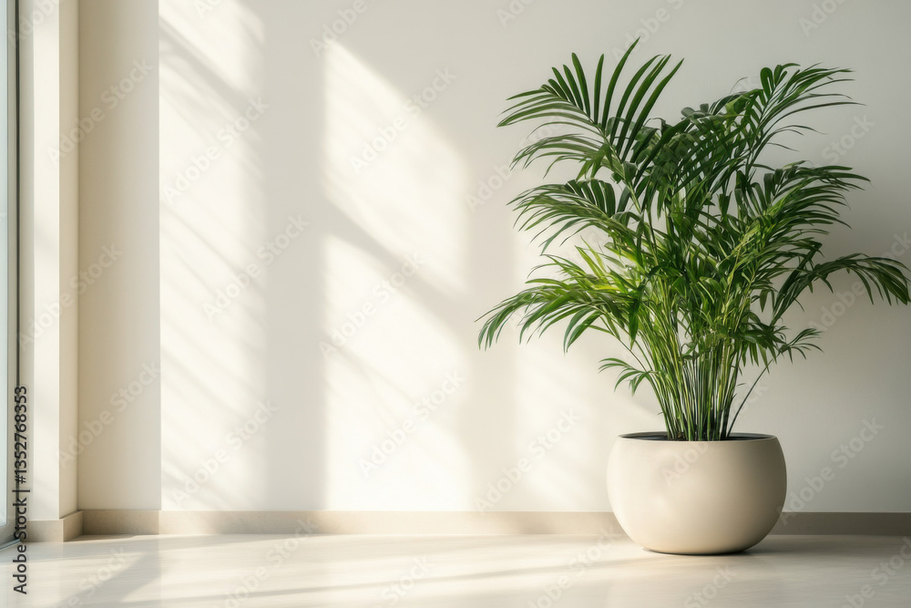 Potted parlour palm creating cozy atmosphere in modern interior design Potted parlour palm creating cozy atmosphere in modern interior design