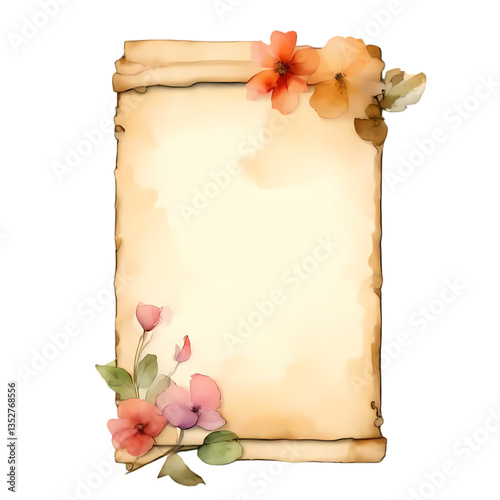 Vintage card with roses and old paper, transparent background