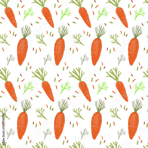 Seamless watercolor carrot pattern, organic vegetable background