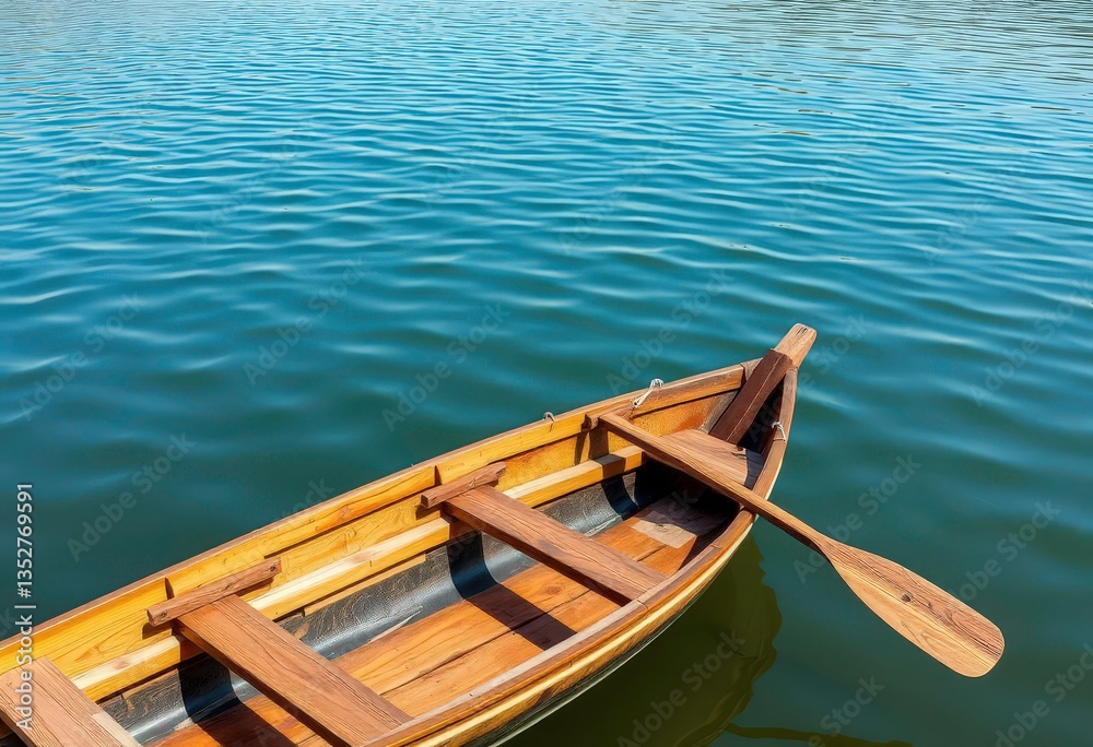 Fototapeta premium Rustic wooden rowboat with single paddle on calm water, still, adventure