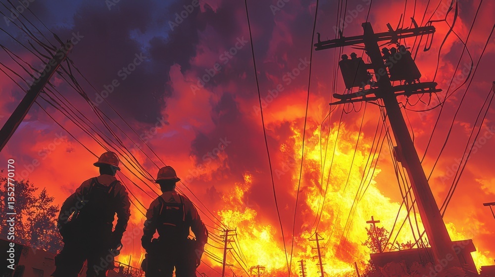 Fototapeta premium Firefighters monitor raging flames against a backdrop of dark clouds and power lines in urban area