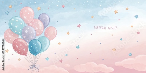 Dreamy Pastel Birthday Scene with Soft Pink and Blue Balloons, Stars, and a Cute Flyer.