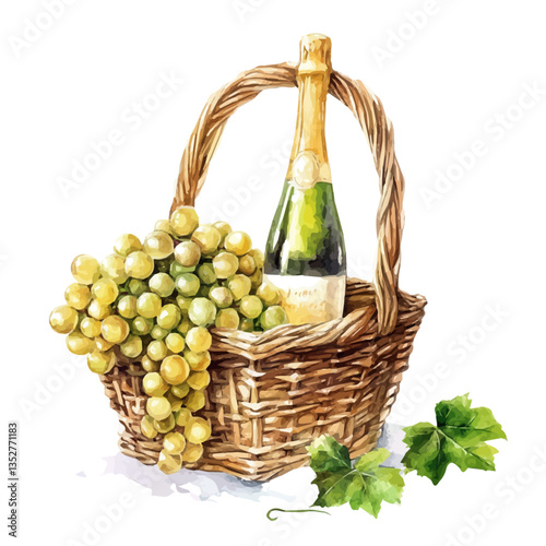 A watercolor vector painting of a champagne grape basket, isolated on a white background. Champagne grape basket vector.

