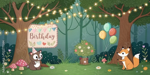 Enchanted Forest-Themed Birthday Setup with Woodland Animal Stickers, Tree Decorations, and a Whimsical Invitation.