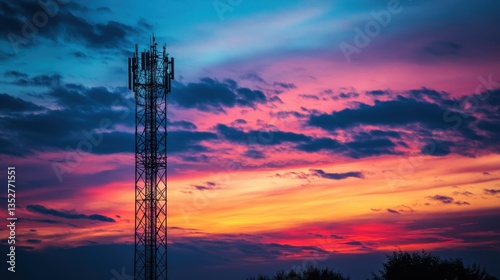 Signal Tower at Sunset: A sleek signal tower pierces the vibrant, painterly hues of a dramatic sunset. conveying the power of connectivity. 