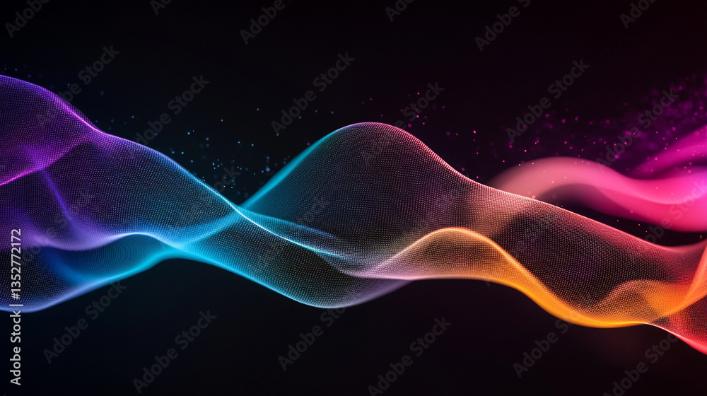 Fototapeta premium Abstract flowing waves of light with gradient colors on a dark background with particles floating