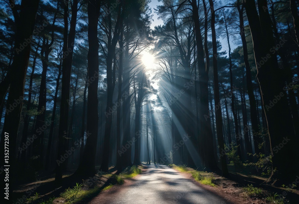 Fototapeta premium Silver moonlight bathes an ancient forest path, tall trees casting long shadows, serene, mysterious