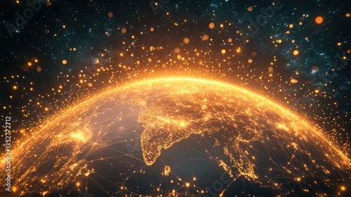 Global Network, luminous depiction of interconnectedness across the Earth, showcasing the brilliance of human ingenuity and technological advancement.