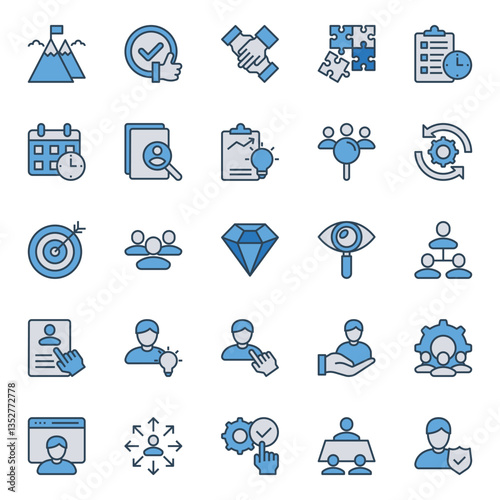 Filled blue outline icons set for Management.