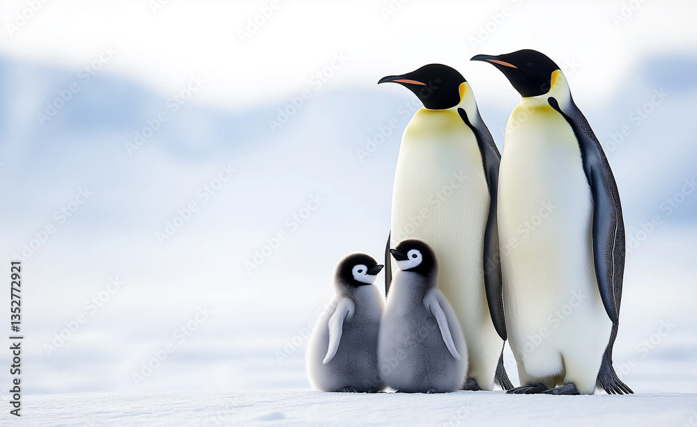 Obraz premium A family of emperor penguins with two adults and their four fluffy chicks standing together on the snow-covered ground.
