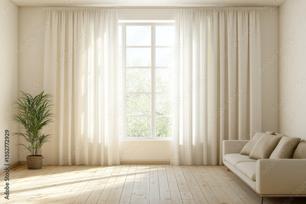 Fototapeta premium Modern minimalist interior design with sofa, plant, and window