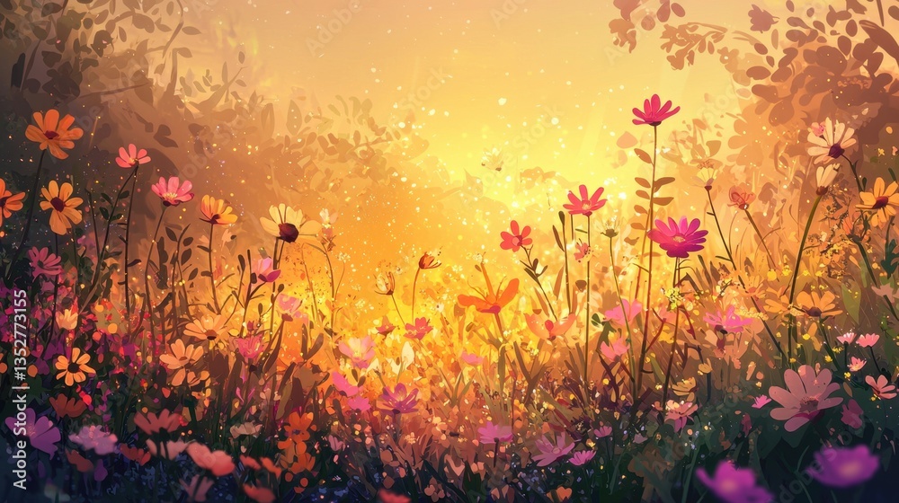 A lush meadow comes to life with a variety of colorful flowers under a warm golden sunset. The scene captures the tranquil beauty of nature, filled with light and gentle shadows A lush meadow comes to life with a variety of colorful flowers under a warm golden sunset. The scene captures the tranquil beauty of nature, filled with light and gentle shadows