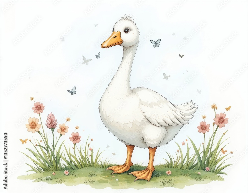 Obraz premium a goose with an orange beak and paws. Her fluffy feathers and big eyes give her a cute and calm appearance. watercolor illustration