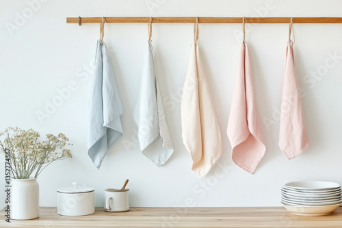 Pastel-colored kitchen towels hanging on wooden rail, minimalist kitchen decor