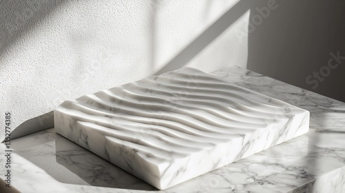 White marble pedestal with wavy texture, sunlit.