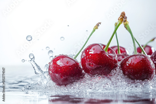 Ripe cherries splashing into refreshing water on white background