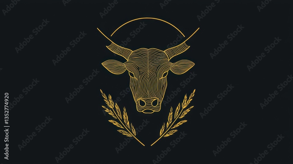 Fototapeta premium Bull head illustration with wheat decoration on a dark background, emphasizing agricultural themes and nature's bounty