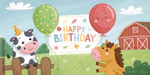 Farm Animal-Themed Birthday with Cow, Pig, and Horse Balloons Next to a Cheerful Invitation.