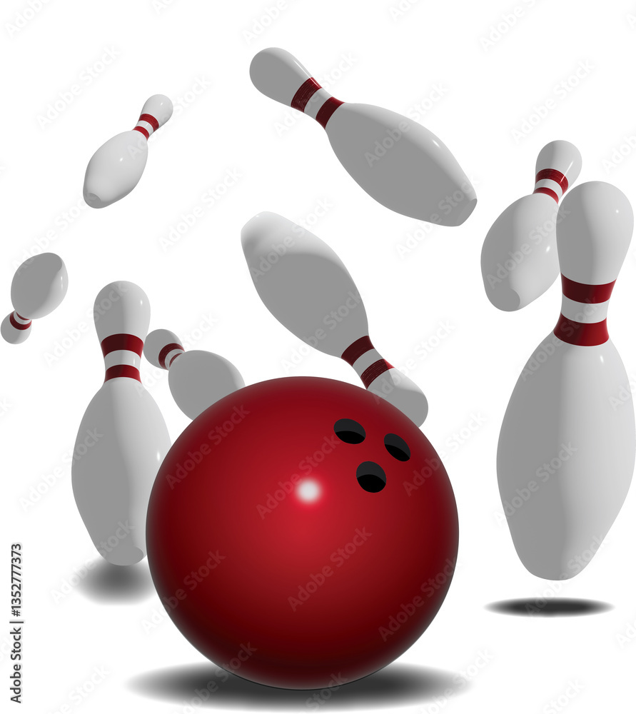 Red bowling ball hitting 8 bowling pins flying in different directions