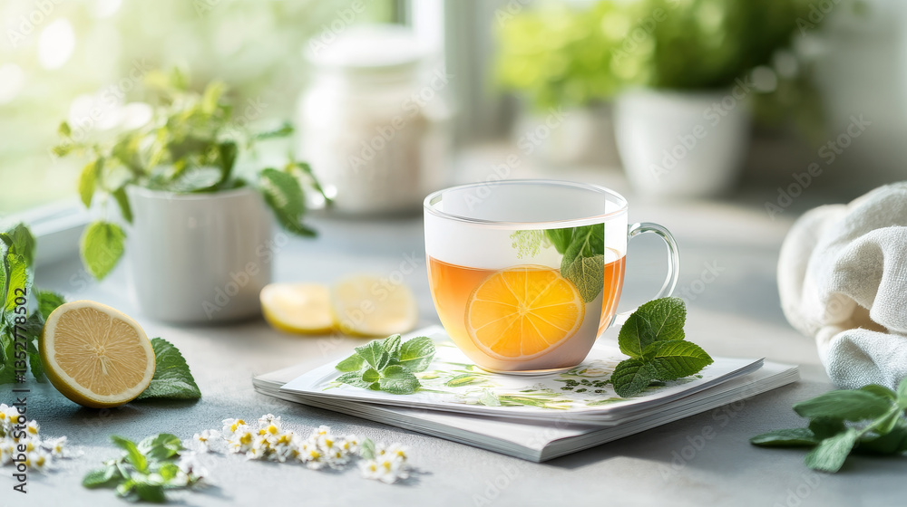 A magazine cover mockup template on a table with a cup of herbal tea stock photo presents a realistic and inviting scene. A magazine cover mockup template on a table with a cup of herbal tea stock photo presents a realistic and inviting scene.
