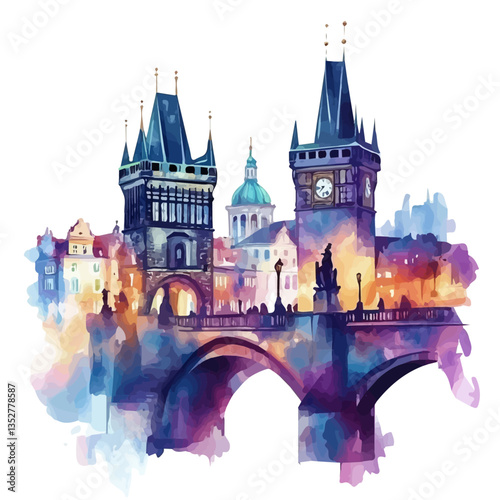 A watercolor vector painting of the Charles Bridge, isolated on a white background. Charles Bridge vector.

